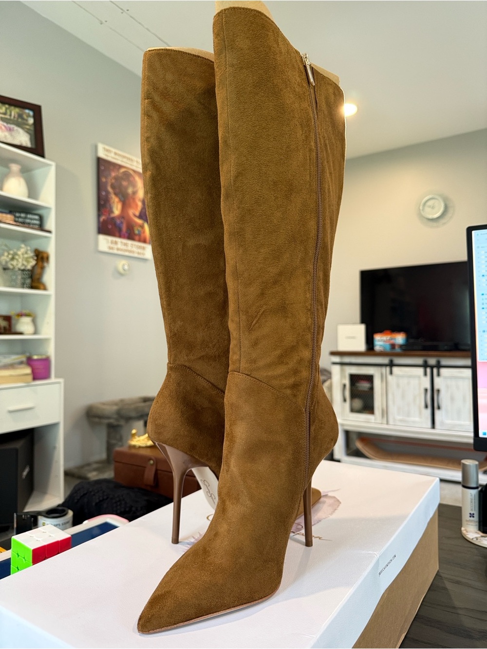 Jessica Simpson Chestnut Suede Pointed-Toe Stiletto Knee-High Boots